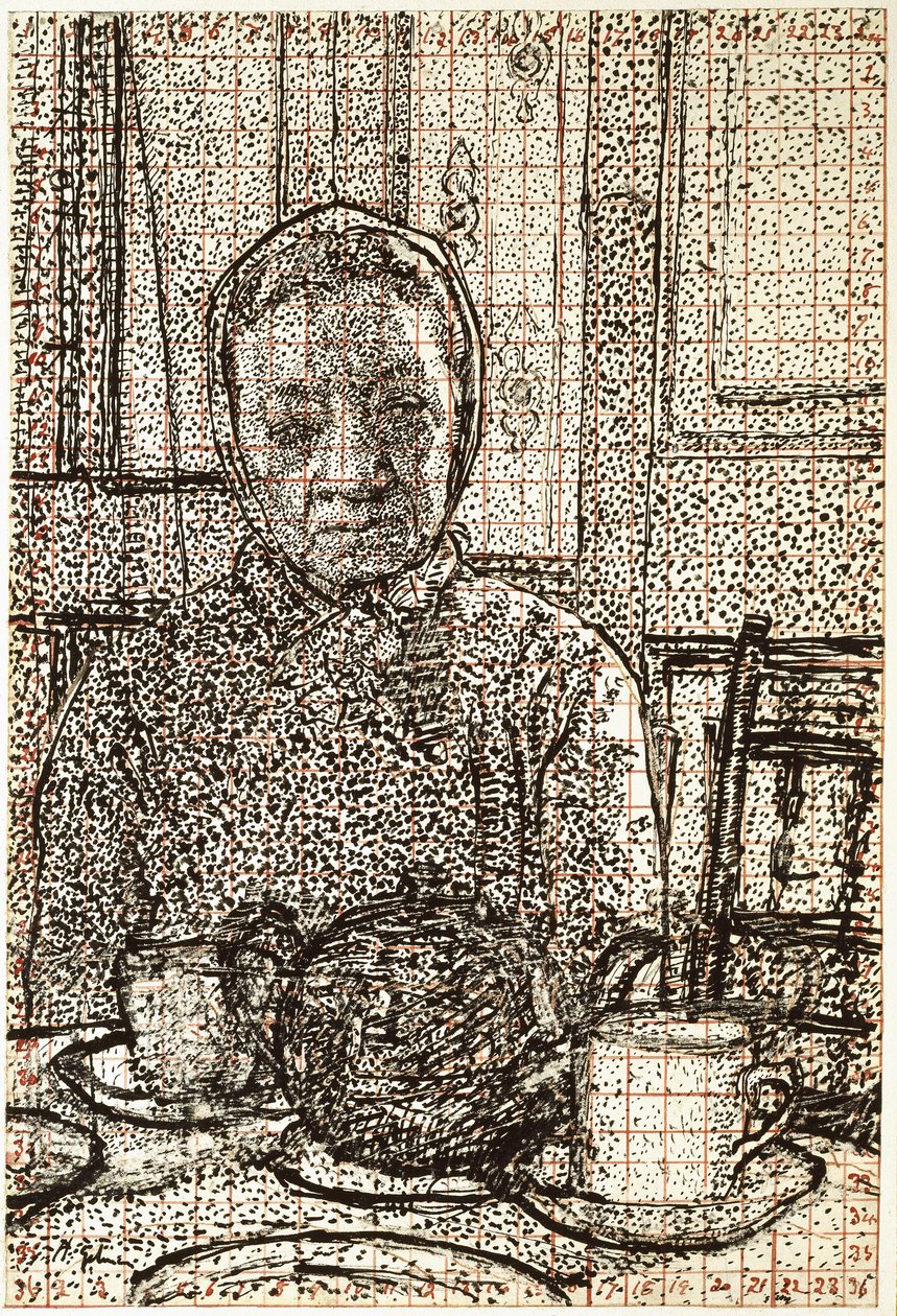 Rouva Mounter aamiaispöydässä, 1916 - 1917 (kynä ja musta muste, osittain naarmuuntunut, neliö punaisella musteella) tekijältä Harold Gilman