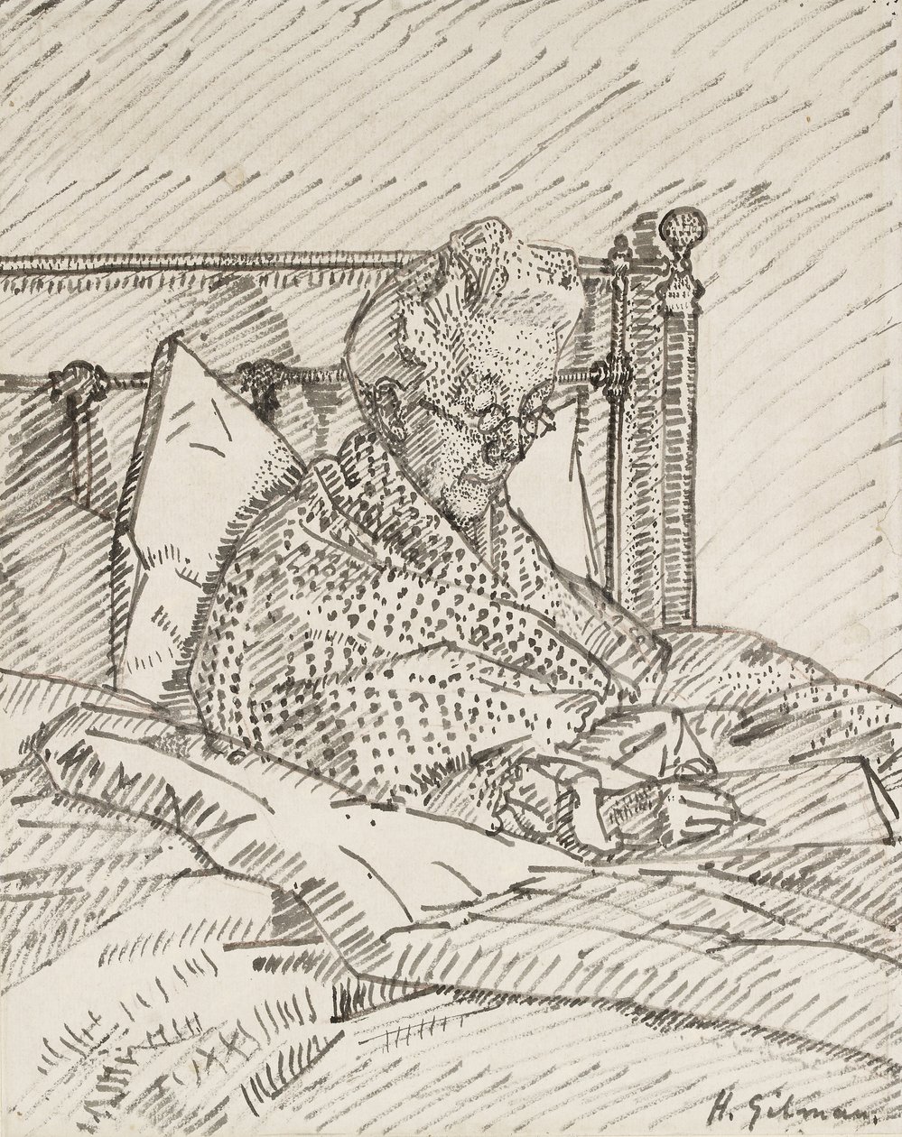 Muotokuva taiteilijan äidistä kirjoittamassa sängyssä (ruokokynä ja harmaa muste punaisella liidulla merkittyjen merkkien päällä) tekijältä Harold Gilman