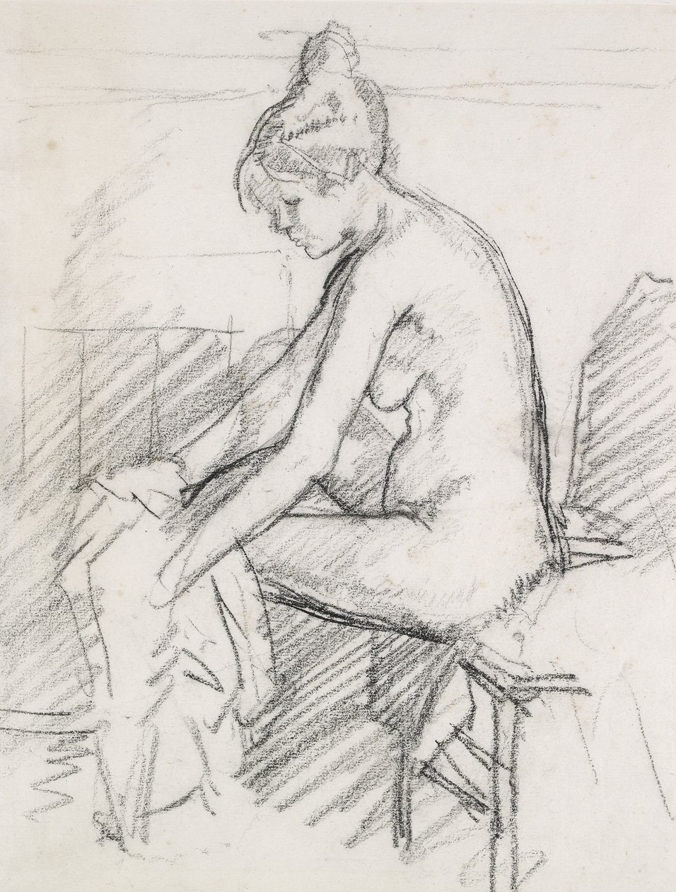 Tutkimus alaston naisesta, joka istuu ja kuivaa oikeaa jalkaansa (hiili) tekijältä Harold Gilman