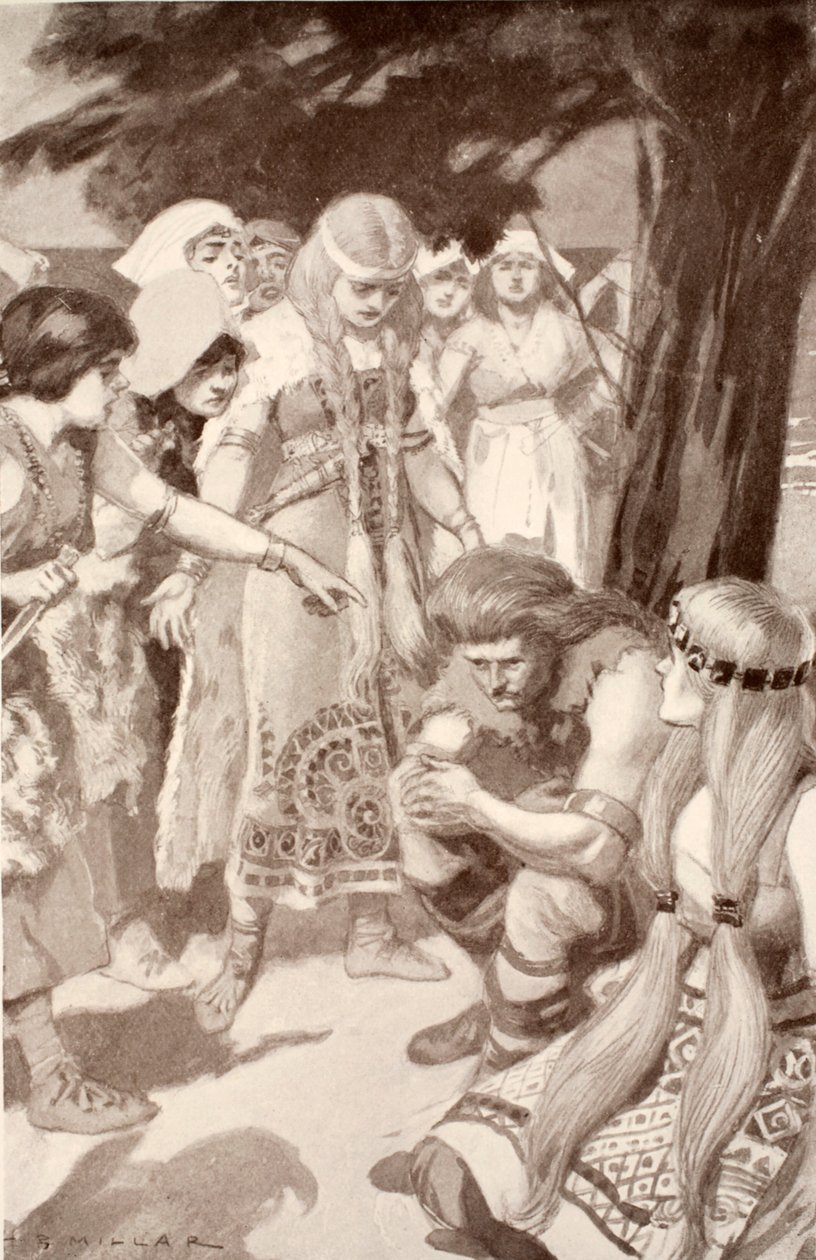 Cuchulainn nuhteli Emer, kuvitus Charles Squiren "Celtic Myth and Legend" -teoksesta, 1905 tekijältä Harold Robert Millar