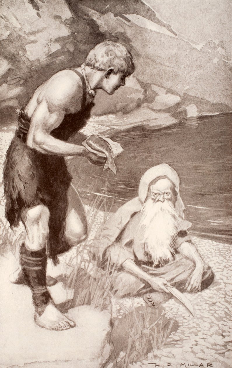 Finn löytää tiedon lohen, kuvitus Charles Squiren teoksesta "Celtic Myth and Legend", 1905 tekijältä Harold Robert Millar