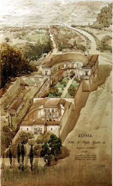 Villa di Papa Giulion näkymä Roomassa, perspektiivinäkymä tekijältä Harold Chalton Bradshaw