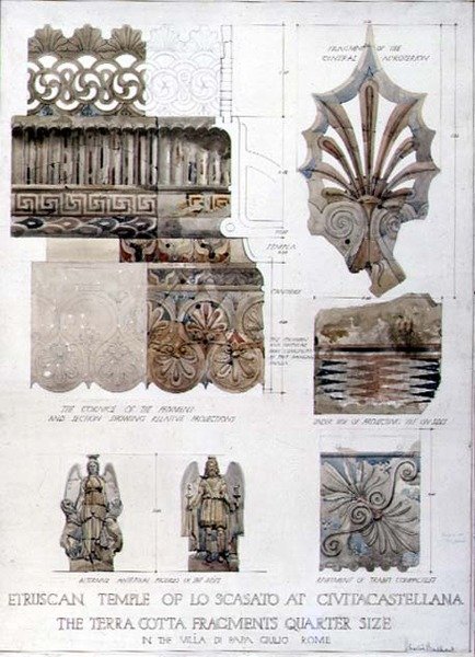 Tutkimuksia Civitacastellanan Lo Scasaton etruskien temppelistä ja Rooman Villa di Papa Giuliosta, n. 1910 (kynä & muste ja akvarelli paperille) tekijältä Harold Chalton Bradshaw
