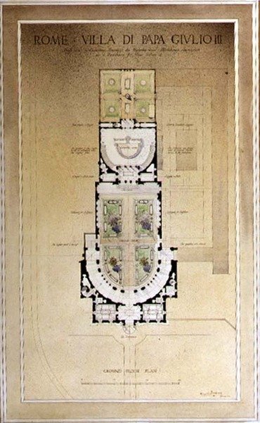 Rooman Villa di Papa Giulion pohjakerroksen pohjapiirros tekijältä Harold Chalton Bradshaw