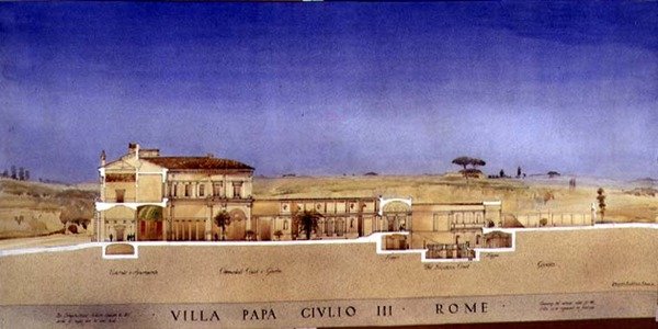Näkymä Rooman Villa di Papa Giulion pylväikköpihalle ja puutarhaan tekijältä Harold Chalton Bradshaw