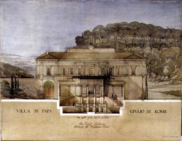 Näkymä Rooman Villa di Papa Giulion suihkulähdepihan poikkileikkauksesta tekijältä Harold Chalton Bradshaw