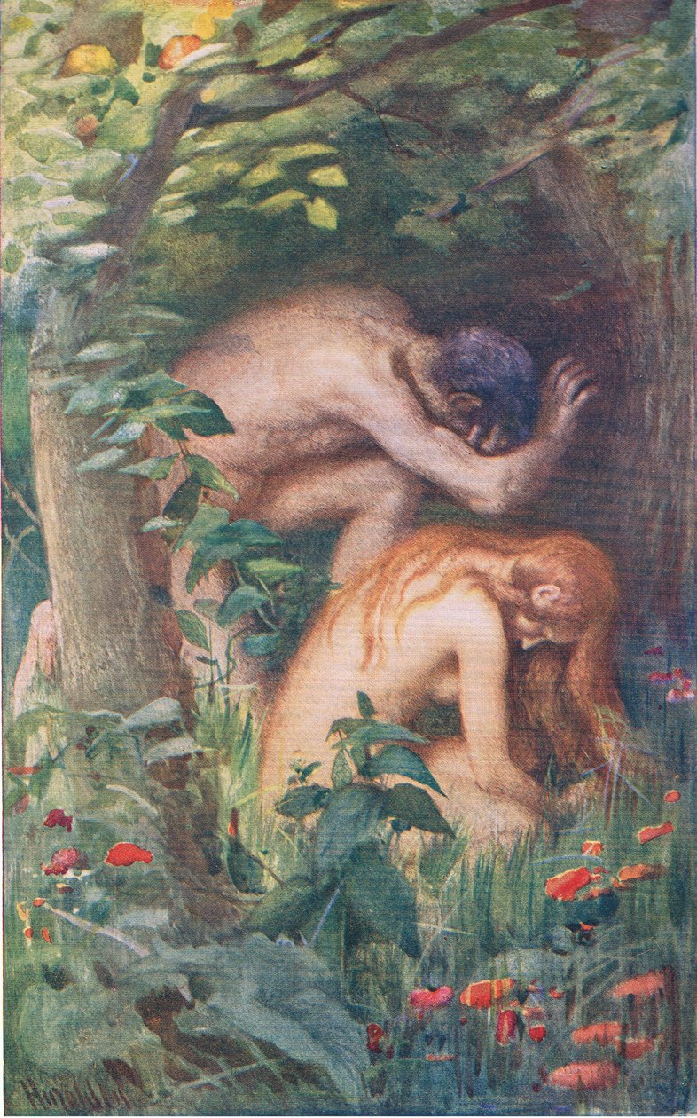 Aadam ja Eeva, kuvitus kuvista, jotka opettavat kruunusarjan, 1920 tekijältä Harold Copping