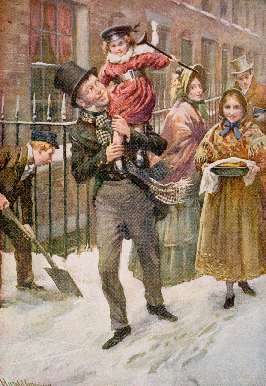 Bob Cratchit ja Tiny Tim, kuvitus Dickensin hahmoluonnoksista, jonka on koonnut B.W. Matz tekijältä Harold Copping
