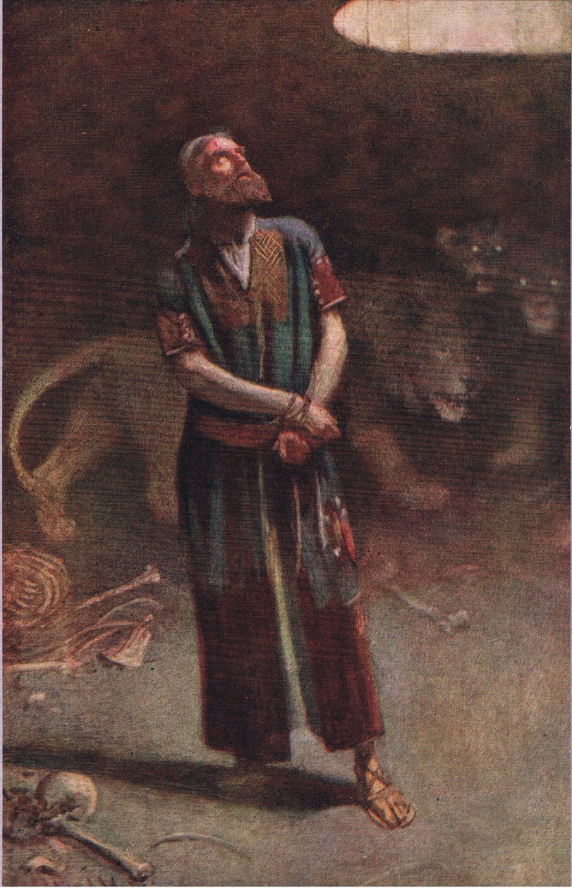 Daniel leijonien luolassa, kuvitus sarjasta Pictures That Teach The Crown Series , 1920. tekijältä Harold Copping
