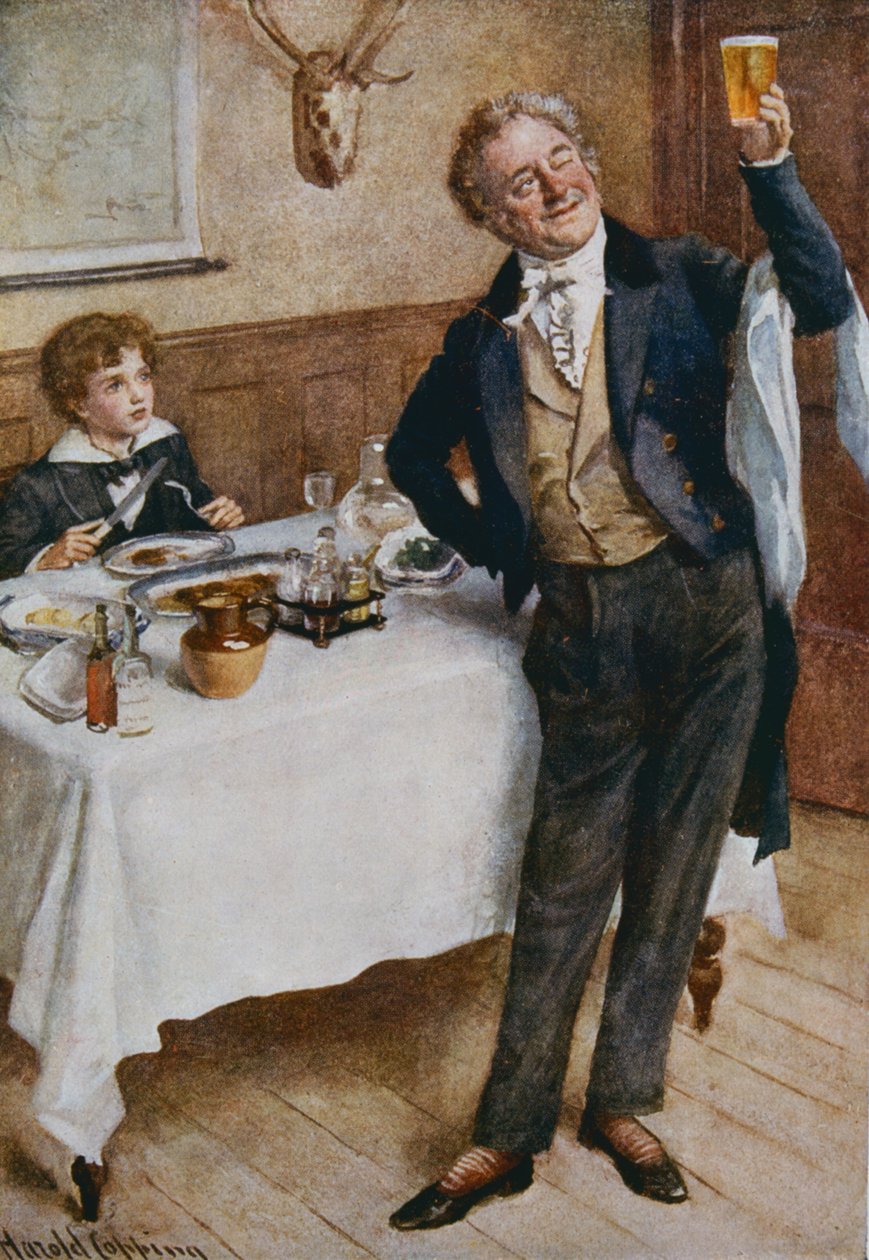 David Copperfield ja ystävällinen tarjoilija, kuvitus Dickensin hahmoluonnoksista, jonka on koonnut B.W. Matz, 1924 tekijältä Harold Copping