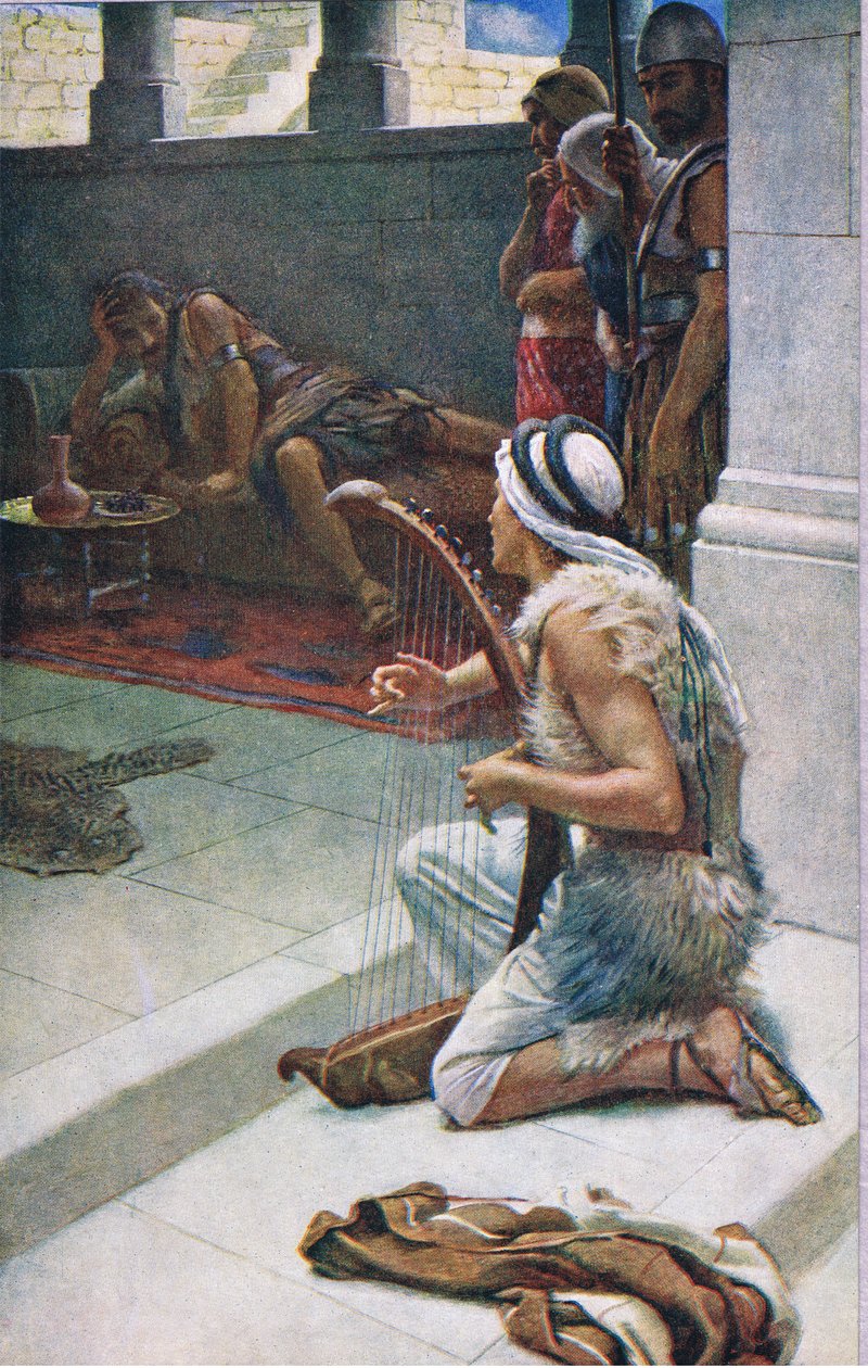 David soittamassa ennen Saulia, kuvitus Pictures That Teach The Crown -sarjasta, 1920 tekijältä Harold Copping