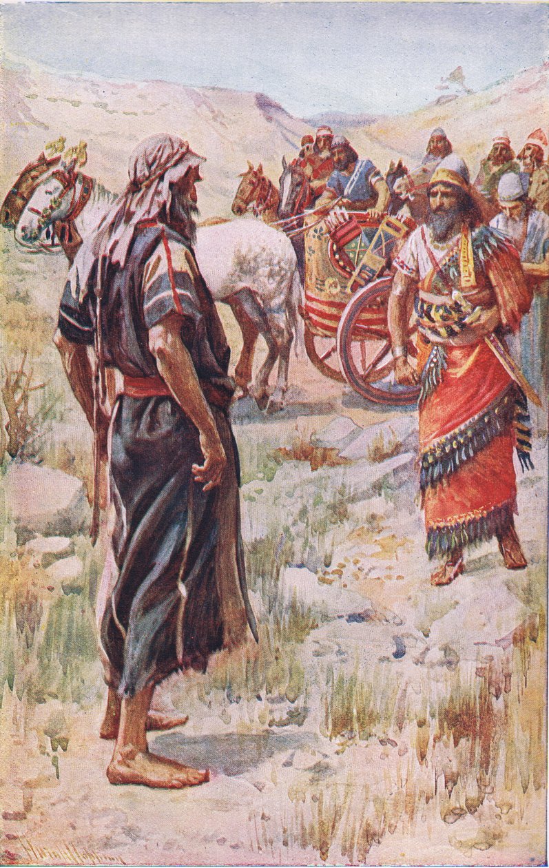 Elia ja Ahab, kuvitus kuvista, jotka opettavat kruunusarjan, 1920 tekijältä Harold Copping