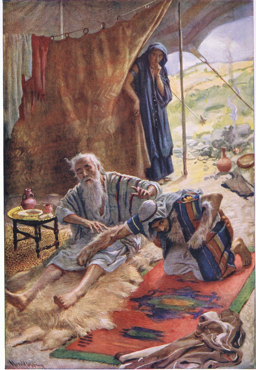 Iisak siunaa poikaansa Jacobia, kuvitus kuvista, jotka opettavat kruunusarjasta, 1920 tekijältä Harold Copping