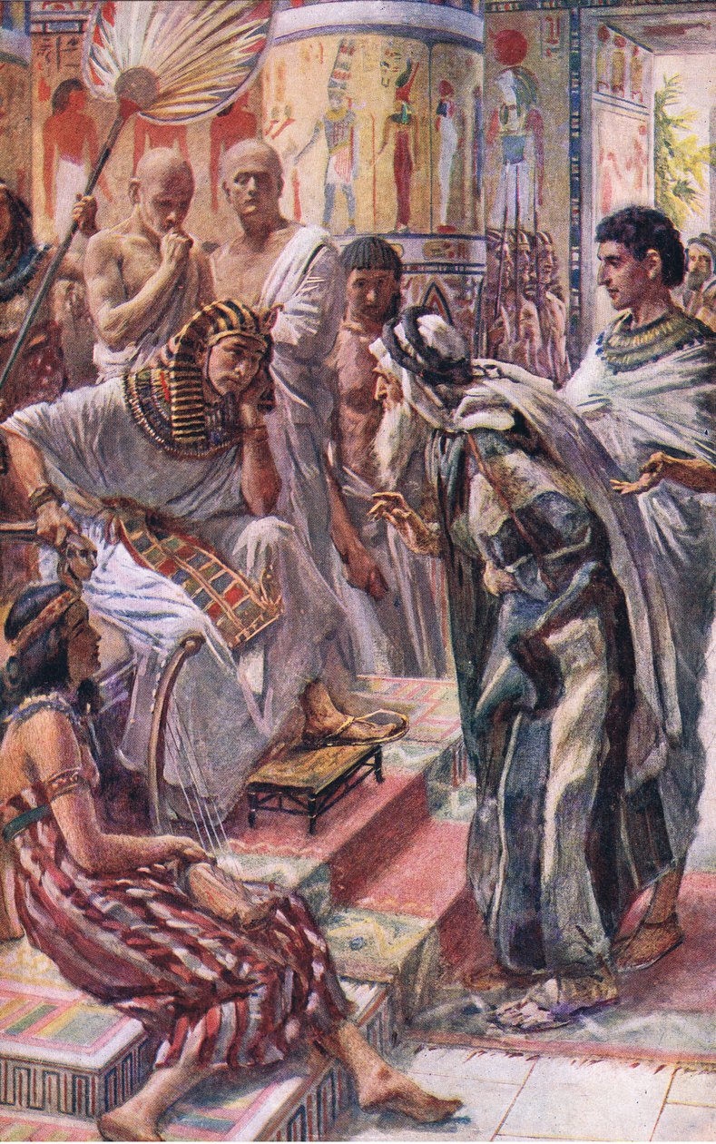 Jaakob faraon edessä, kuvitus kuvista, jotka opettavat kruunusarjan, 1920 tekijältä Harold Copping