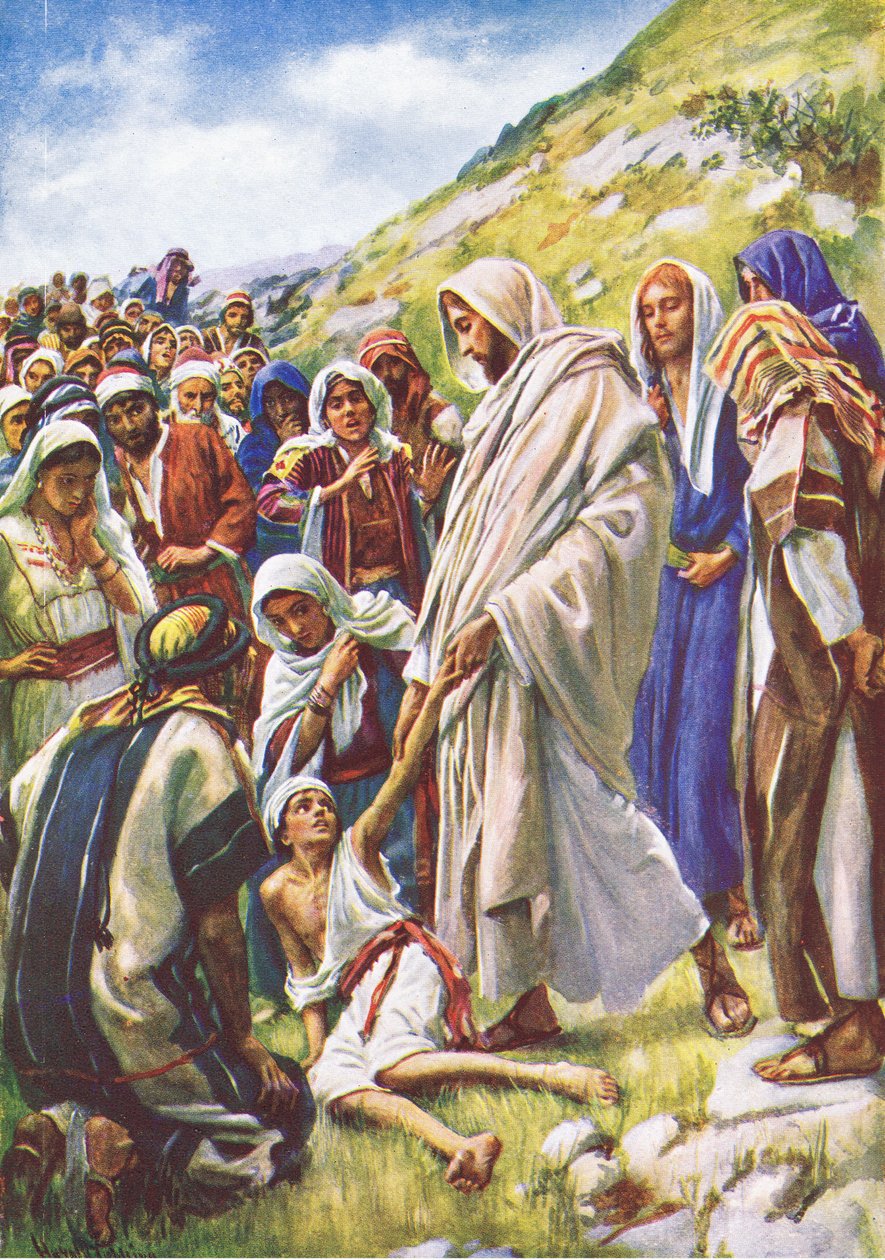 Jeesus parantaa pienen pojan, kuvitus Harold Copping Pictures: The Crown -sarjasta, noin 1920-luku tekijältä Harold Copping