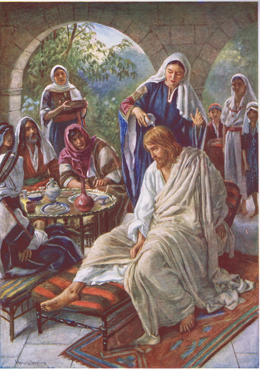 Maria voitelemassa Jeesusta, kuvitus kuvista, jotka opettavat kruunusarjaa, 1920 tekijältä Harold Copping