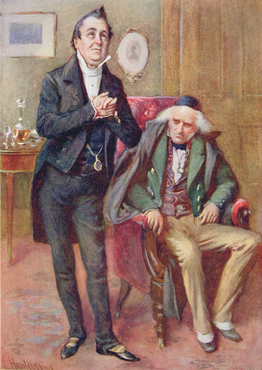 Herra Pecksniff ja vanha Martin Chuzzlewit, kuvitus B.W. Matzin kokoamaan teokseen "Character Sketches from Dickens". tekijältä Harold Copping