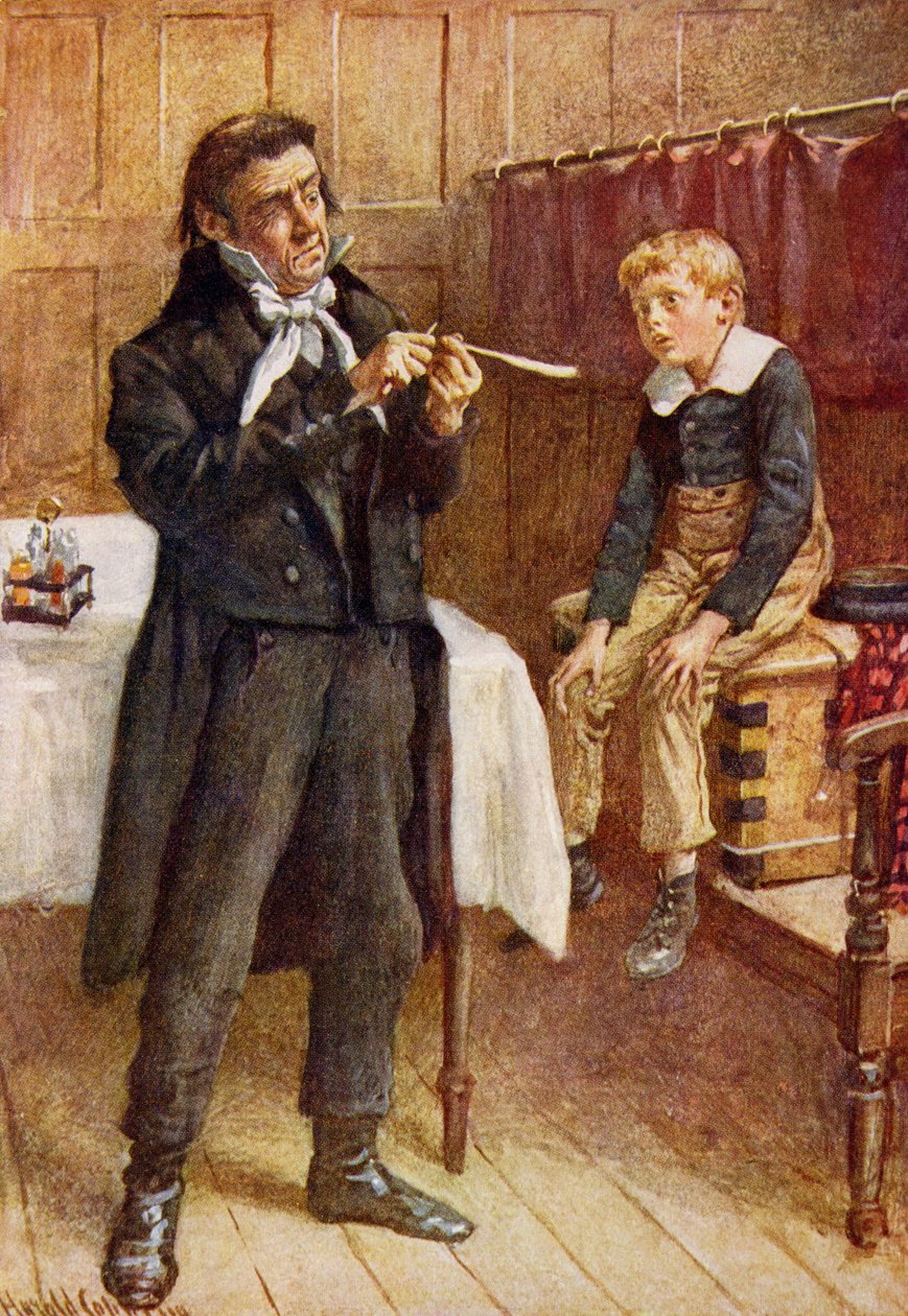 Mr Wackford Squeers ja uusi oppilas, kuvitus Dickensin hahmoluonnoksista, jonka on koonnut B.W. Matz, 1924 tekijältä Harold Copping
