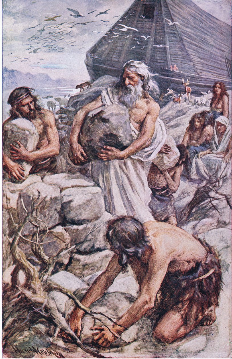Nooa rakentamassa alttariaan, kuvitus kuvista, jotka opettavat kruunusarjasta, 1920 tekijältä Harold Copping