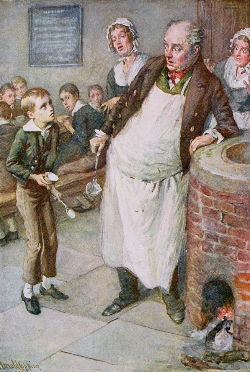 Oliver Asks for More, kuvitus Dickensin hahmoluonnoksista, jonka on koonnut B.W. Matz tekijältä Harold Copping