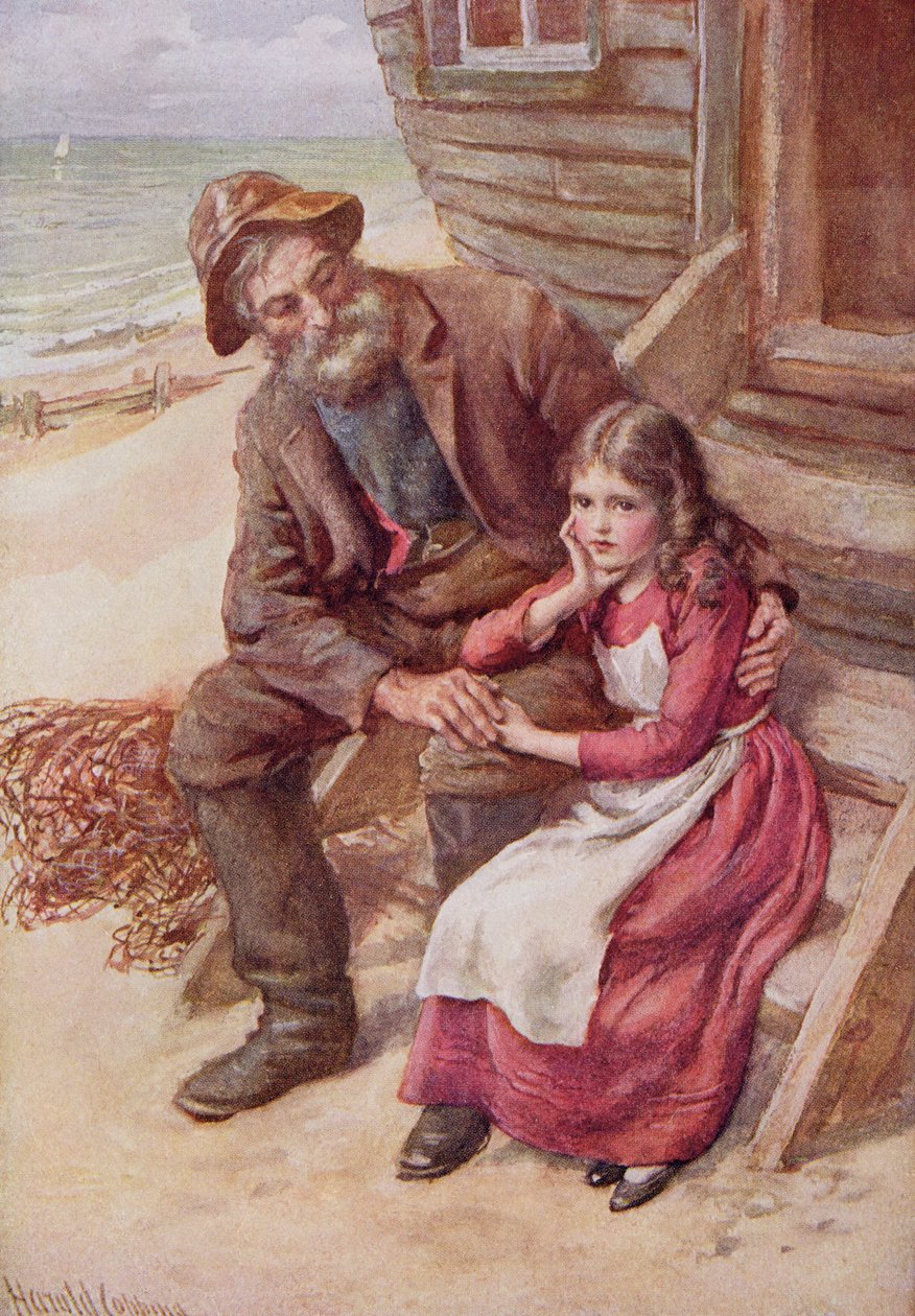 Peggotty ja Little Emily, kuvitus Dickensin hahmoluonnoksista, jonka on koonnut B.W. Matz tekijältä Harold Copping