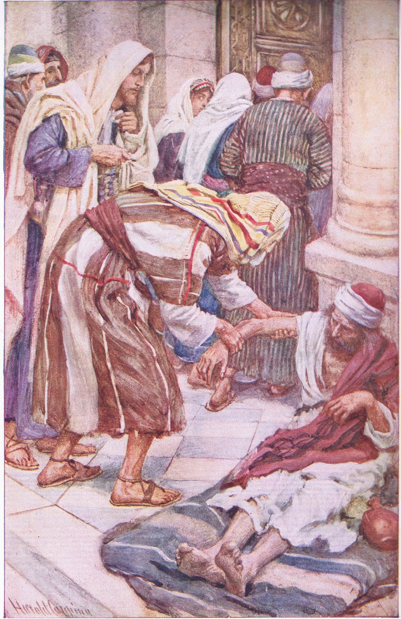 Pietari ja Jaakob kauniilla portilla, kuvitus Kuvia, jotka opettavat Kruunu-sarjasta, 1920 tekijältä Harold Copping