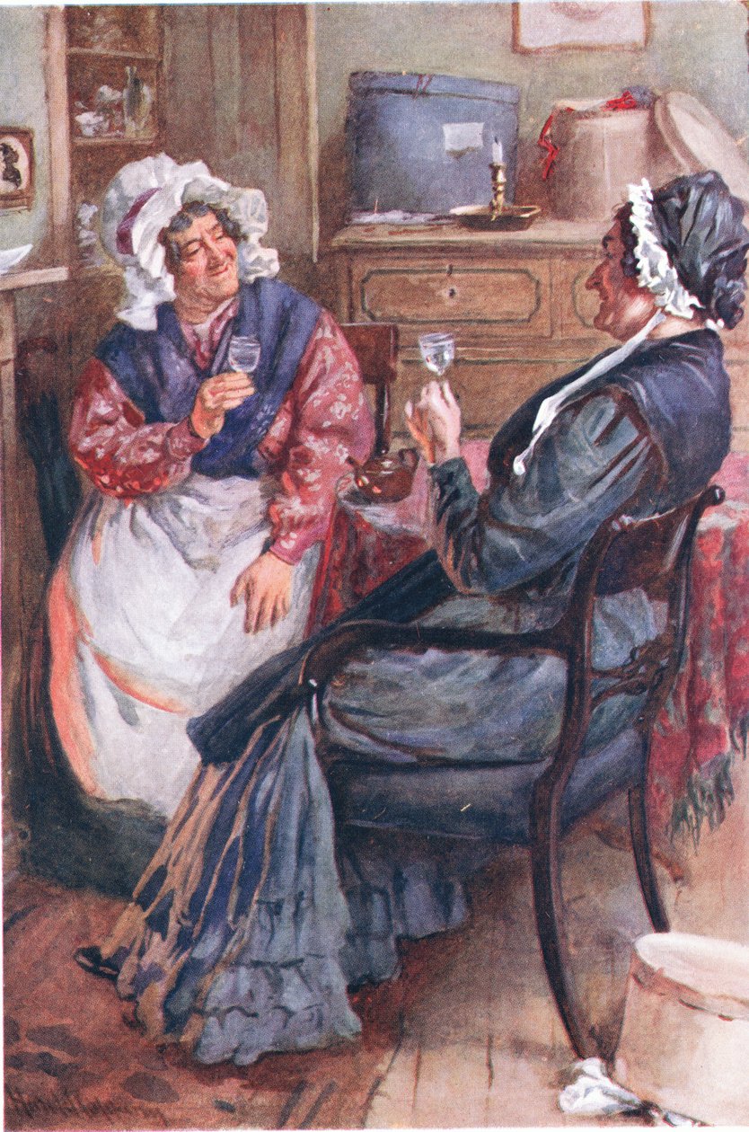 Sarah Gamp ja Betsey Prig, piirrokset Dickensin hahmoluonnoksista, B.W. Matz, 1924 tekijältä Harold Copping