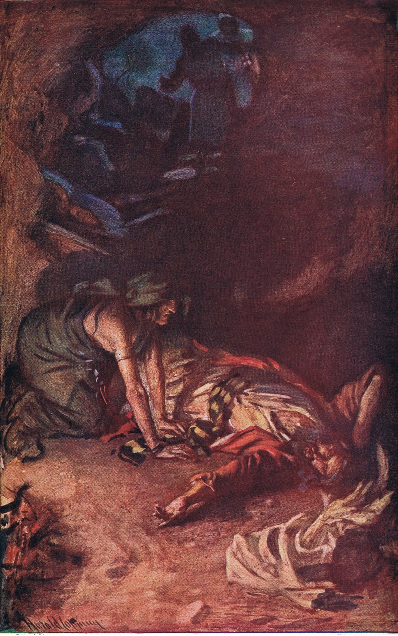 Saul ja noita, kuvitus kuvista, jotka opettavat kruunusarjan, 1920 tekijältä Harold Copping