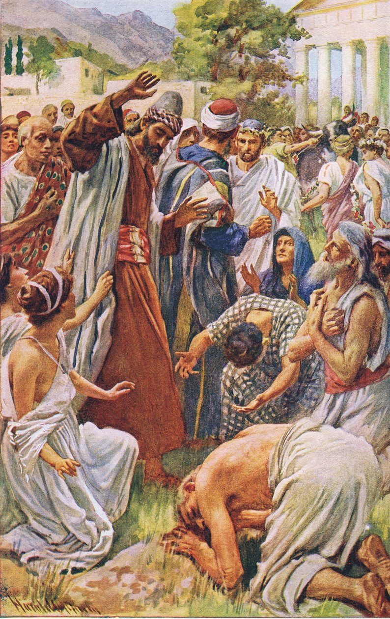 St Paul at Lystra, kuvitus Harold Copping Picturesista: The Crown Series, noin 1920-luku tekijältä Harold Copping
