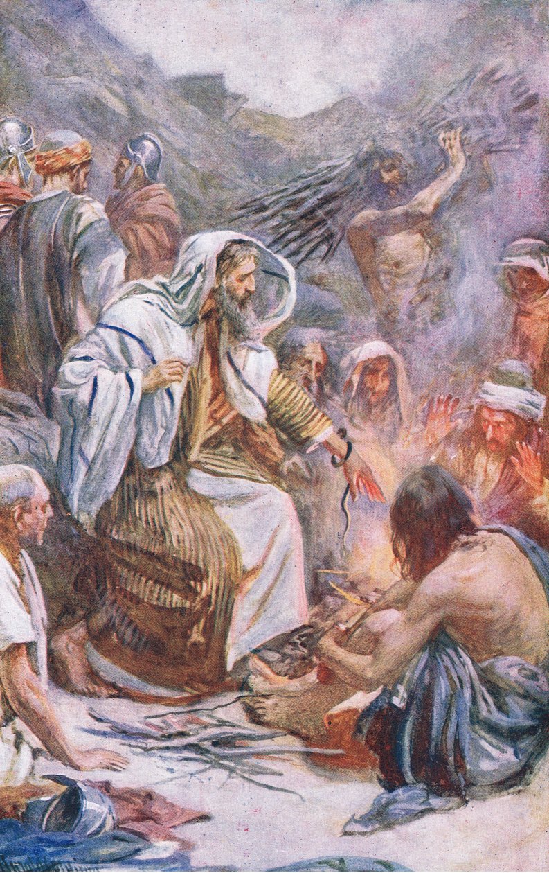 St Paul at Melita, kuvitus Harold Copping Picturesista: The Crown Series, noin 1920-luku tekijältä Harold Copping