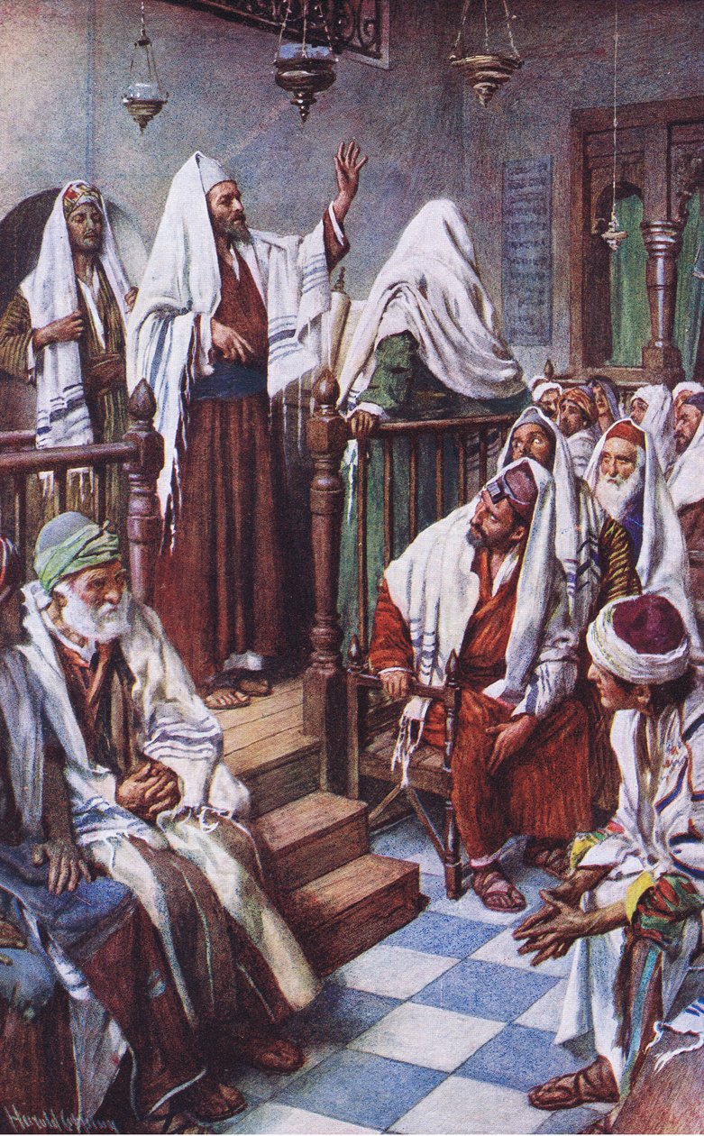 Pyhä Paavali saarnaa synagogassa Antiokiassa, kuvitus Harold Copping Picturesista: The Crown Series, noin 1920-luku tekijältä Harold Copping