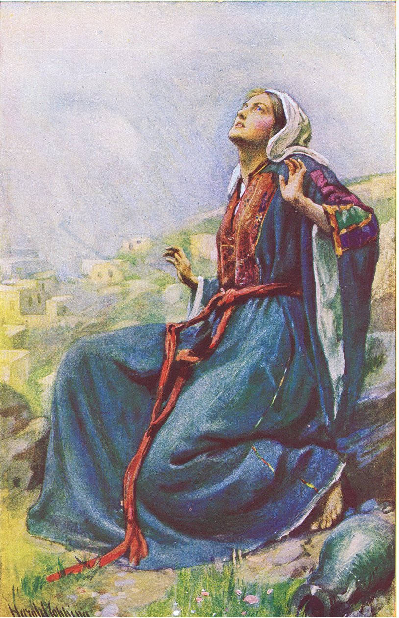 The Annunciation, kuvitus "Harold Copping Pictures: The Crown Series" -sarjasta, noin 1920-luku (värilitho) tekijältä Harold Copping