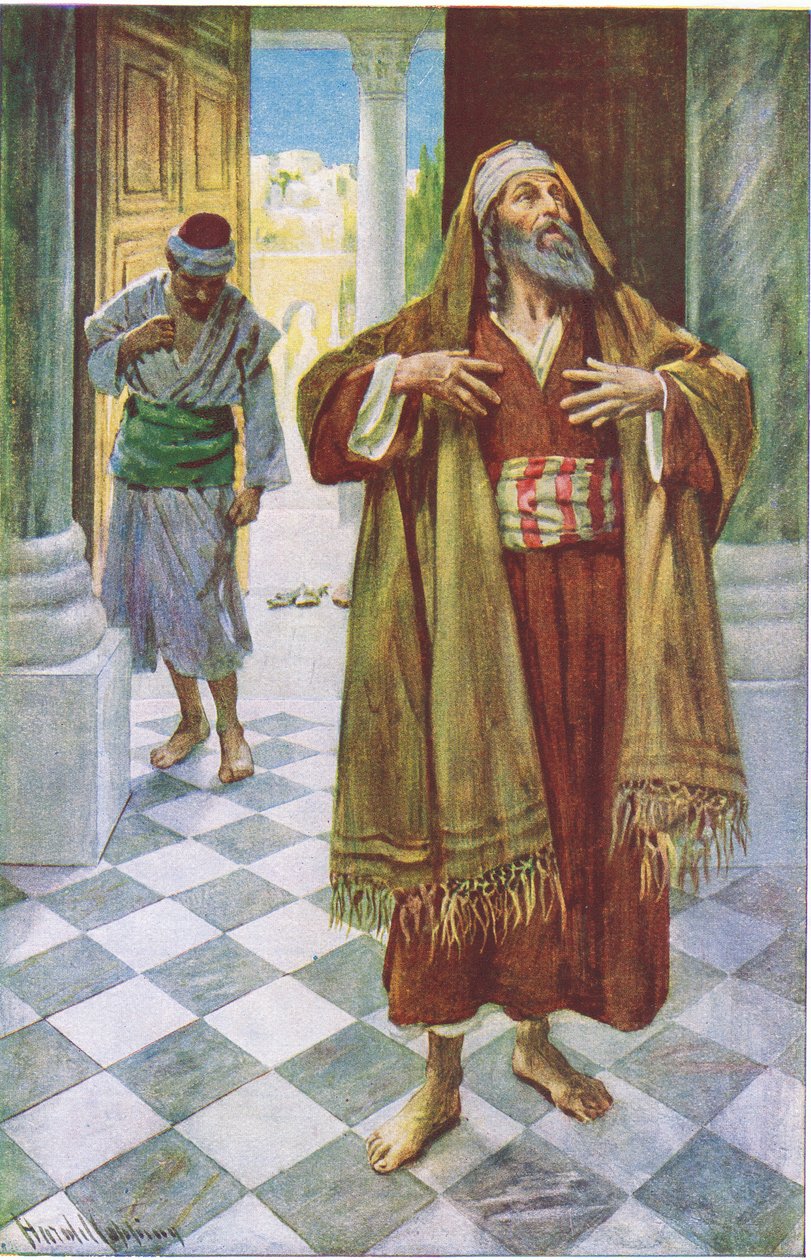 Fariseus ja publikaani, kuvitus Harold Copping Picturesista: The Crown Series, noin 1920-luku tekijältä Harold Copping