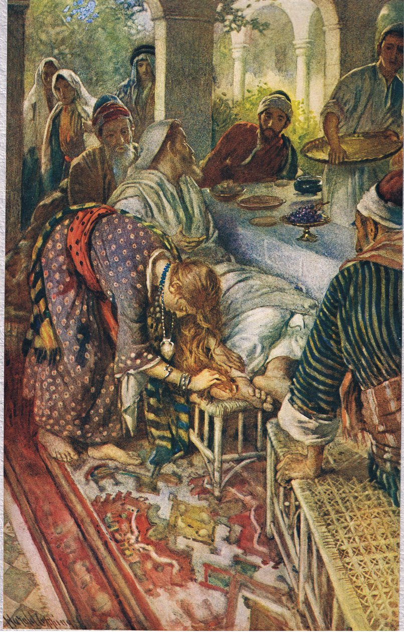 The Woman with the Box of Ointment, kuvitus teoksesta "Women of the Bible", julkaisija The Religious Tract Society, 1927 tekijältä Harold Copping
