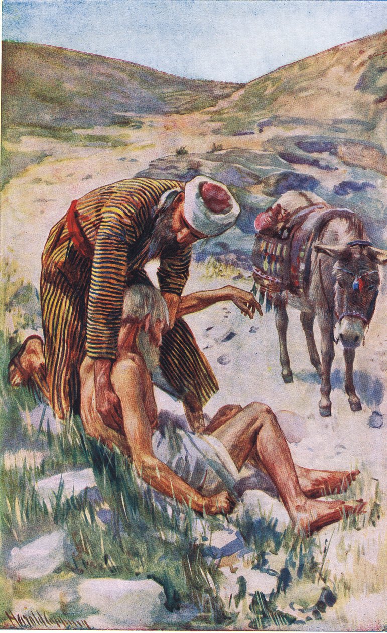 Laupias samarialainen, kuvitus Harold Copping Picturesista: The Crown Series, noin 1920-luku tekijältä Harold Copping