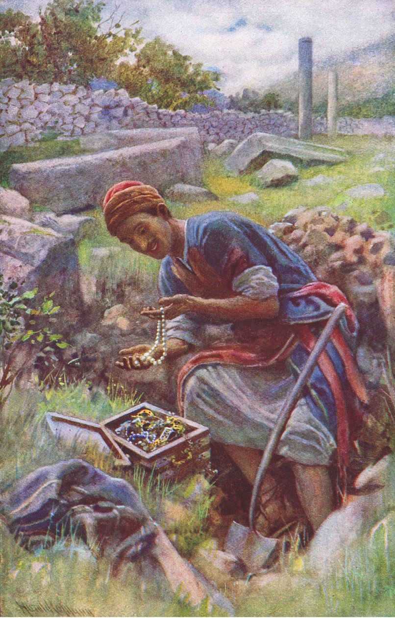 Piilotettu aarre, kuvitus Harold Copping Pictures: The Crown -sarjasta, noin 1920-luku tekijältä Harold Copping
