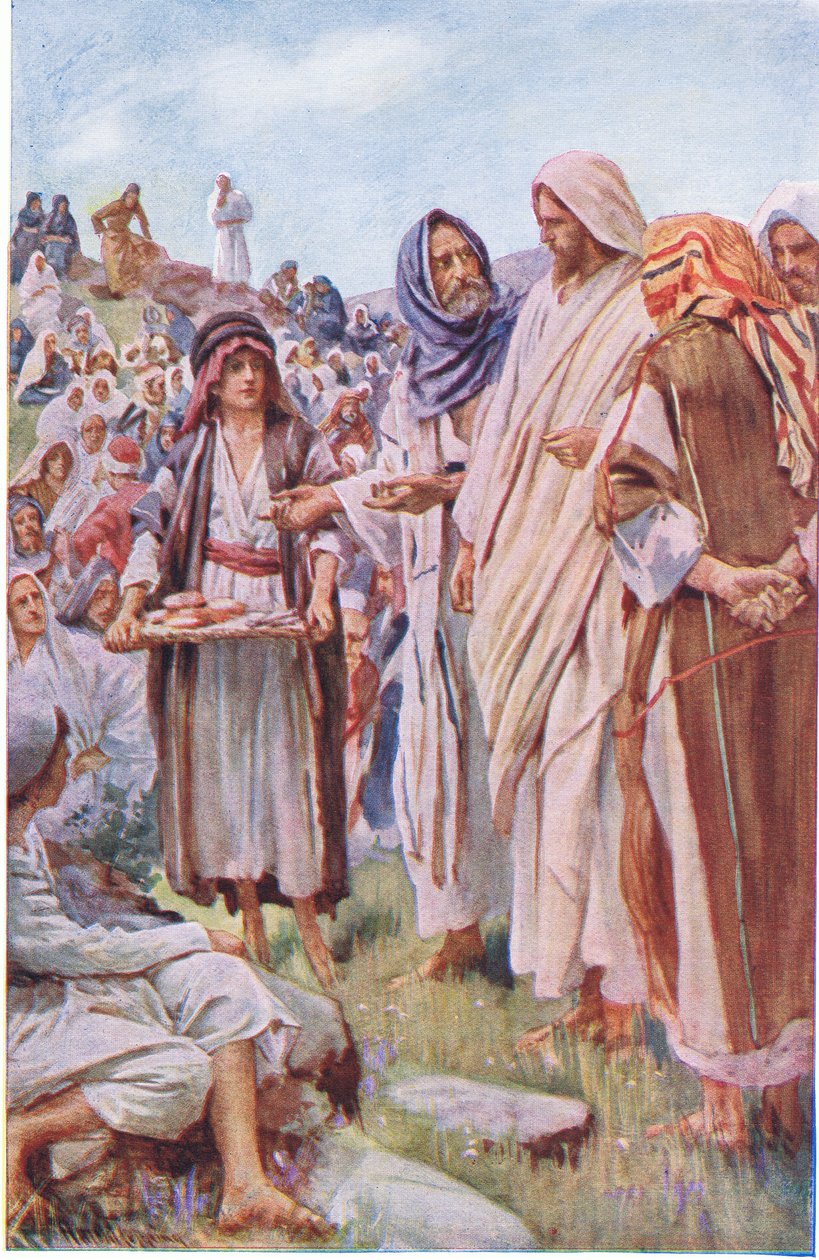 Leivät ja kalat, kuvitus Harold Copping Pictures: The Crown -sarjasta, noin 1920-luku tekijältä Harold Copping