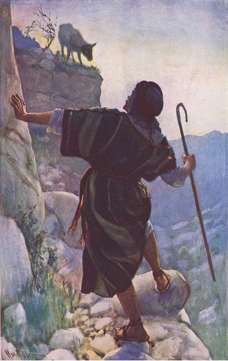 Kadonneet lammas, kuvitus Harold Copping Pictures: The Crown -sarjasta, noin 1920-luku tekijältä Harold Copping