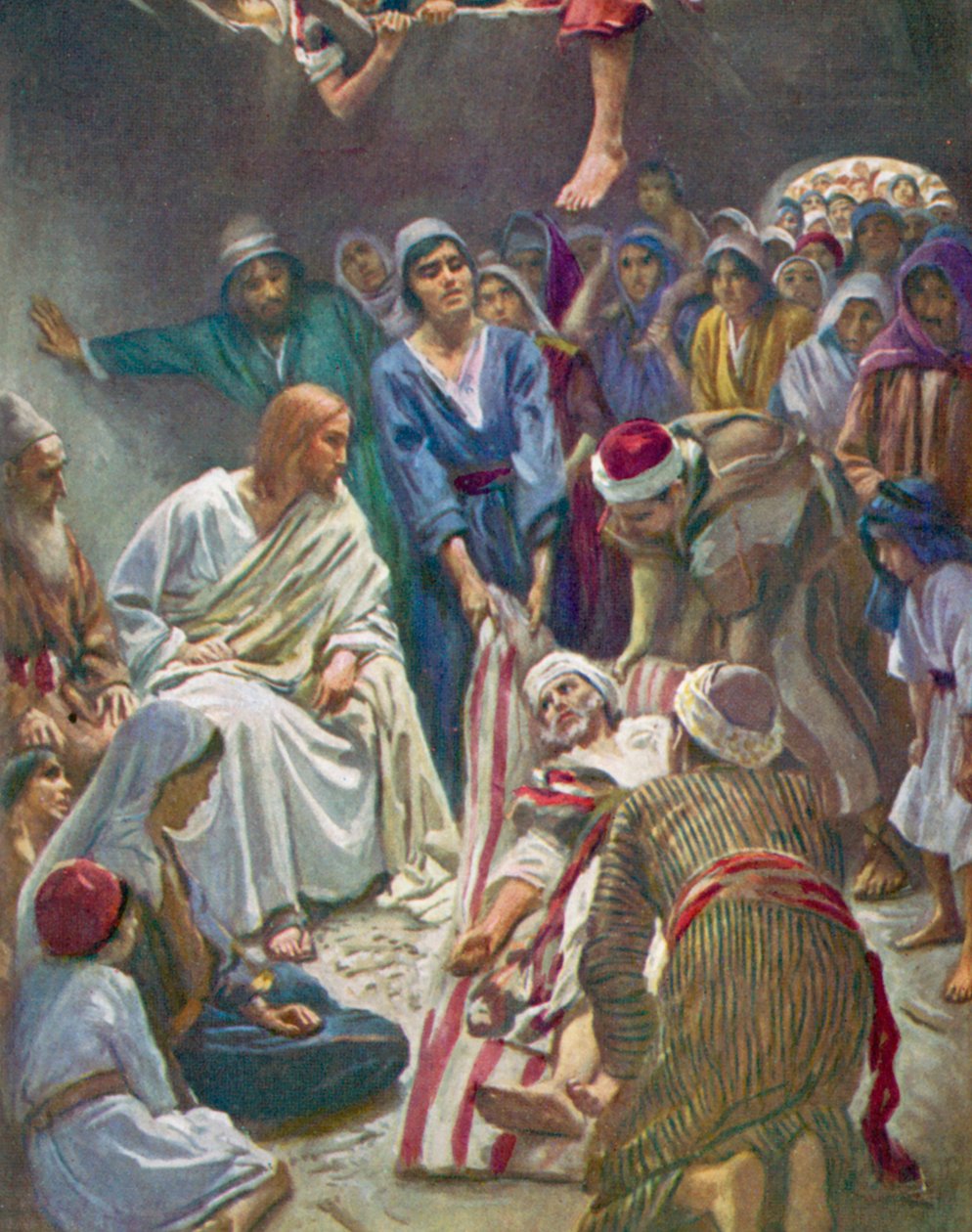 Mies, joka päästettiin alas katon kautta, Luuk. 5, 24 (värilitografia). tekijältä Harold Copping