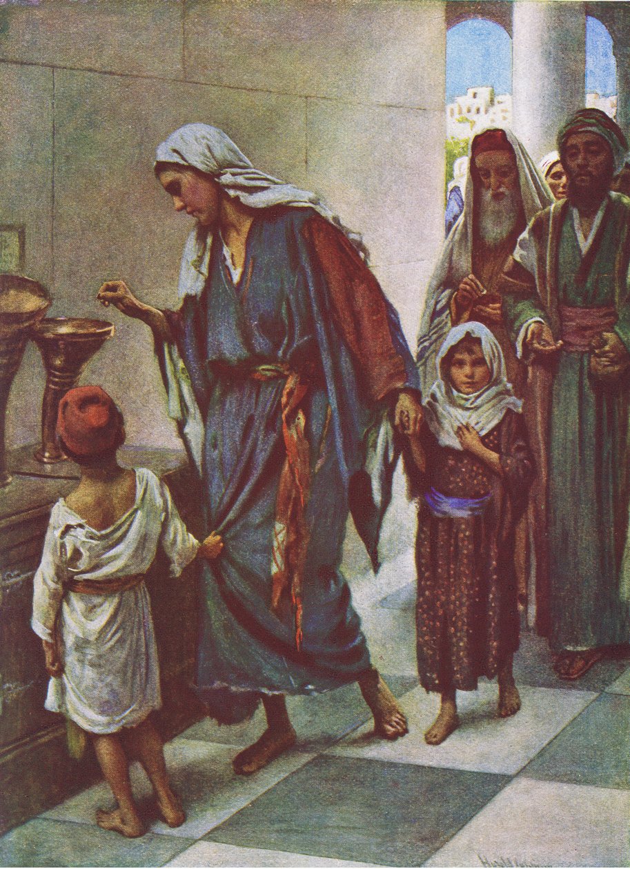 Köyhän naisen lahja, kuvitus Harold Copping Picturesista: The Crown Series, noin 1920-luku tekijältä Harold Copping