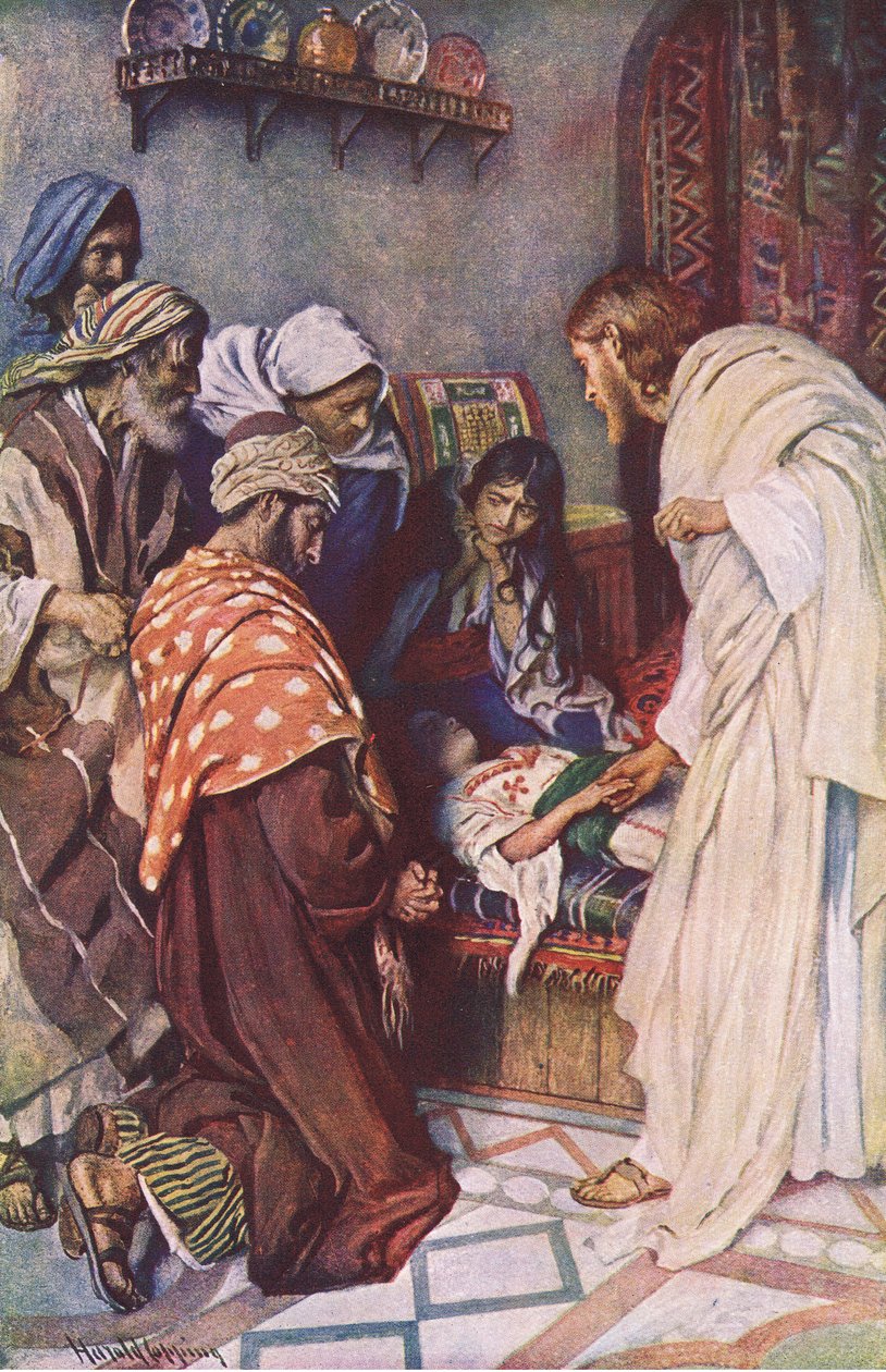 Jairuksen tyttären kasvattaminen, kuvitus Harold Copping Pictures: The Crown -sarjasta, noin 1920-luku tekijältä Harold Copping
