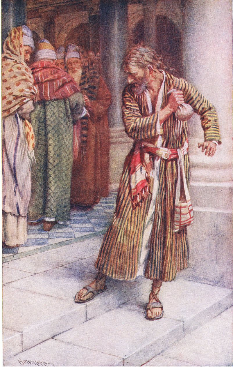 Juudaksen katumus, kuvitus Harold Copping Picturesista: The Crown Series, noin 1920-luku tekijältä Harold Copping