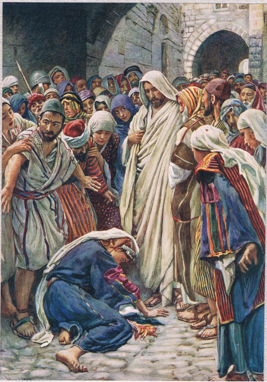 Nainen, joka kosketti hänen vaatteensa helmaa, kuvitus The Religious Tract Societyn julkaisijasta "Women of the Bible" tekijältä Harold Copping