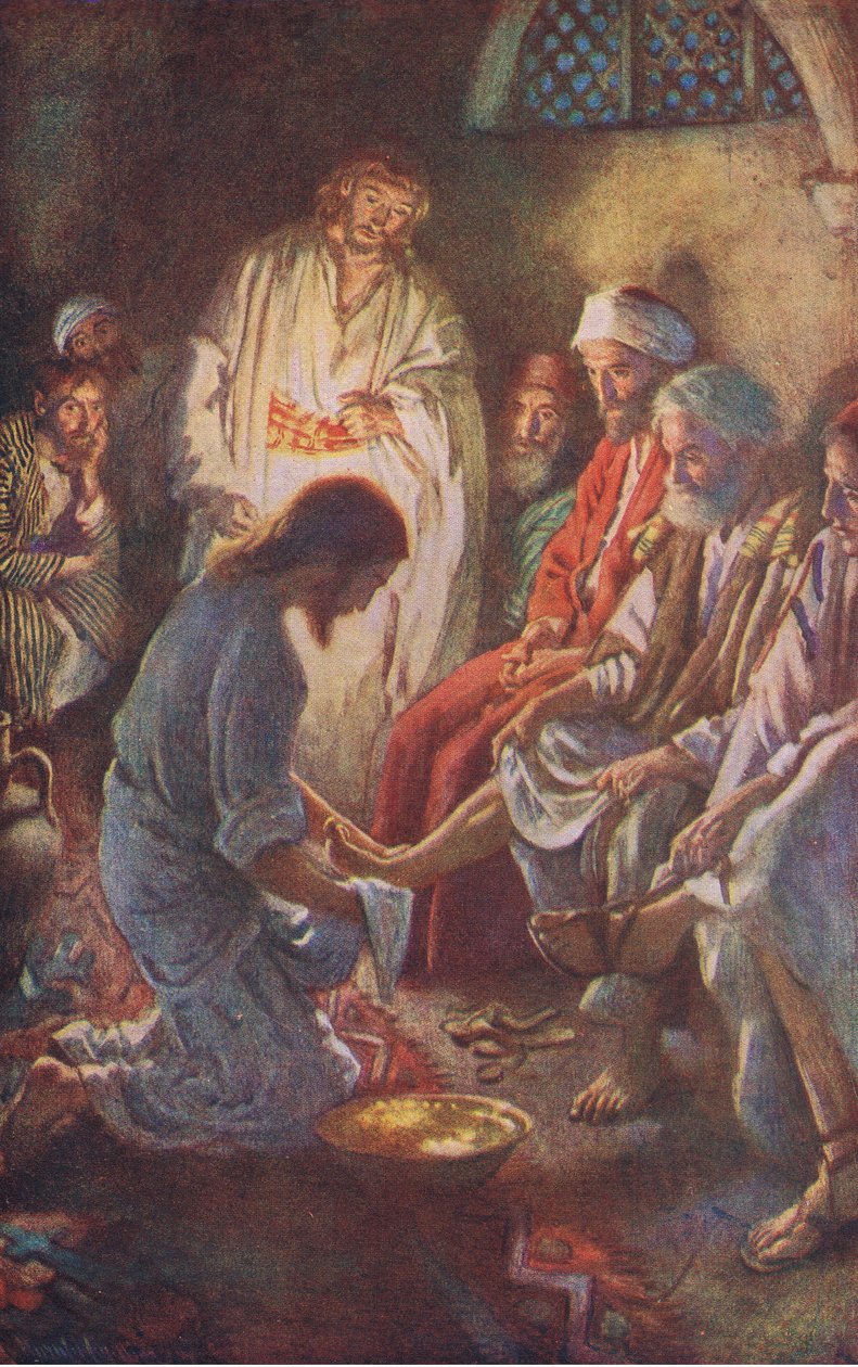 Opetuslasten jalkojen pesu, kuvitus Harold Copping Picturesista: The Crown Series, noin 1920-luku tekijältä Harold Copping