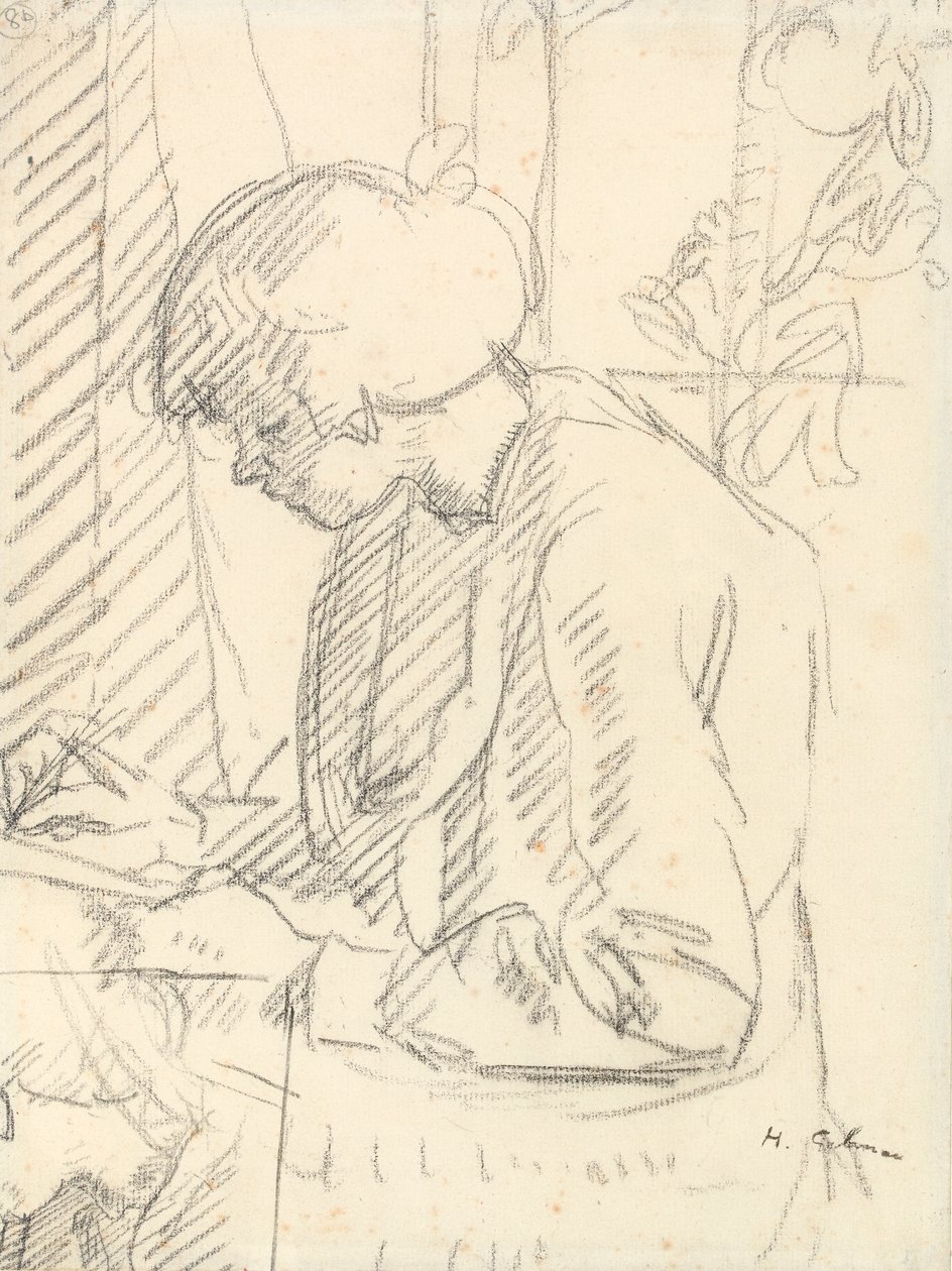 Tyttö kirjoittaa (musta liitu paperille) tekijältä Harold Gilman