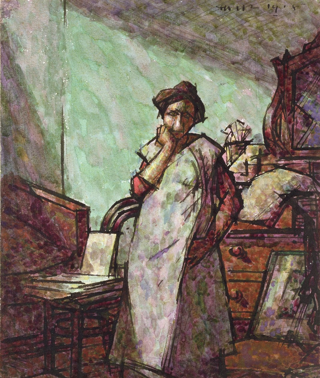 Sisätilat rouva Mounterin kanssa haalareissa, 1. joulukuuta 1918 tekijältä Harold Gilman
