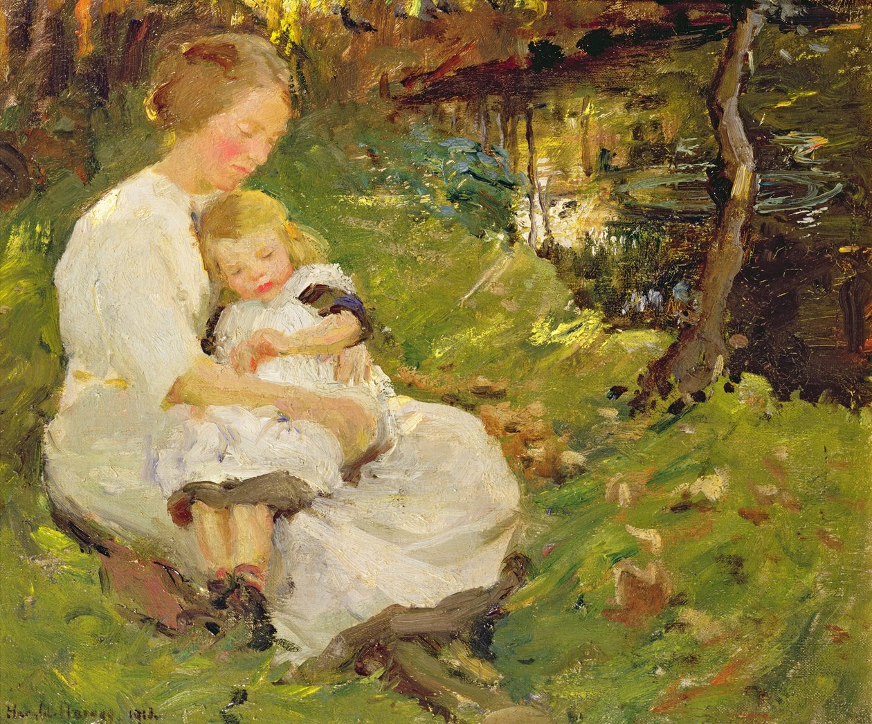 Äiti ja lapsi metsäisessä maisemassa tekijältä Harold Harvey