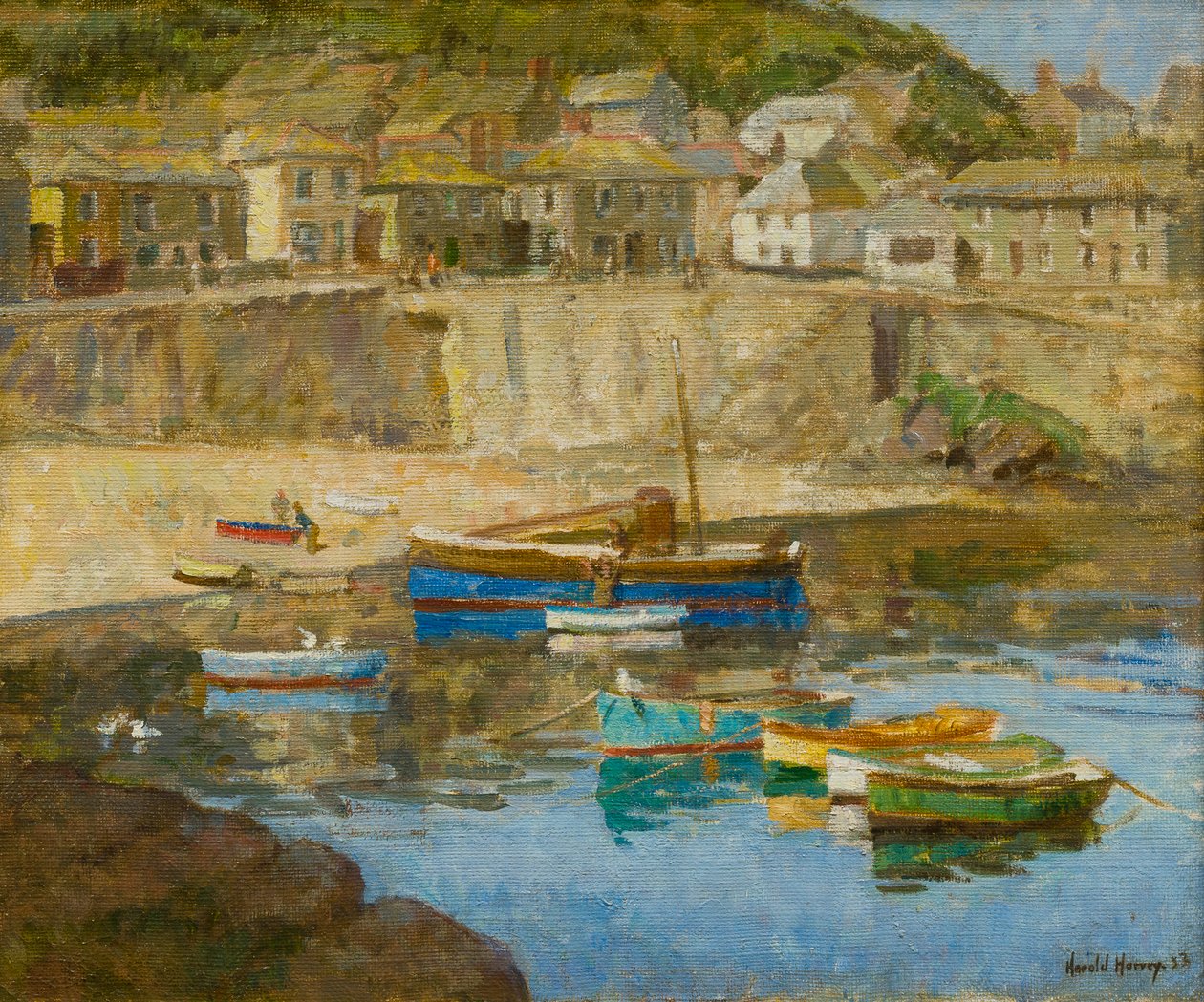 Mousehole Harbour, n. 1920 (öljy kankaalle) tekijältä Harold Harvey