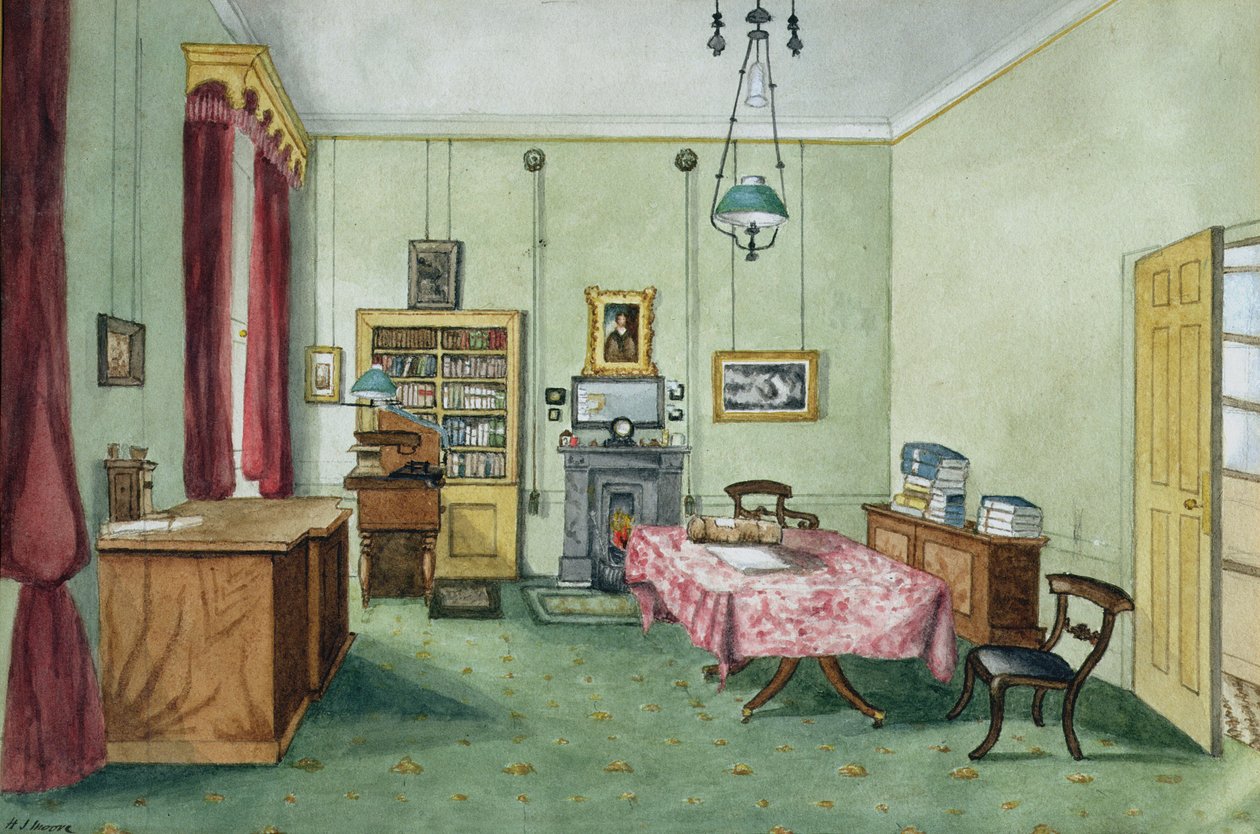 Michael Faradayn työhuone The Royal Institutionin toisessa kerroksessa, 1850-55 tekijältä Harriet Jane Moore