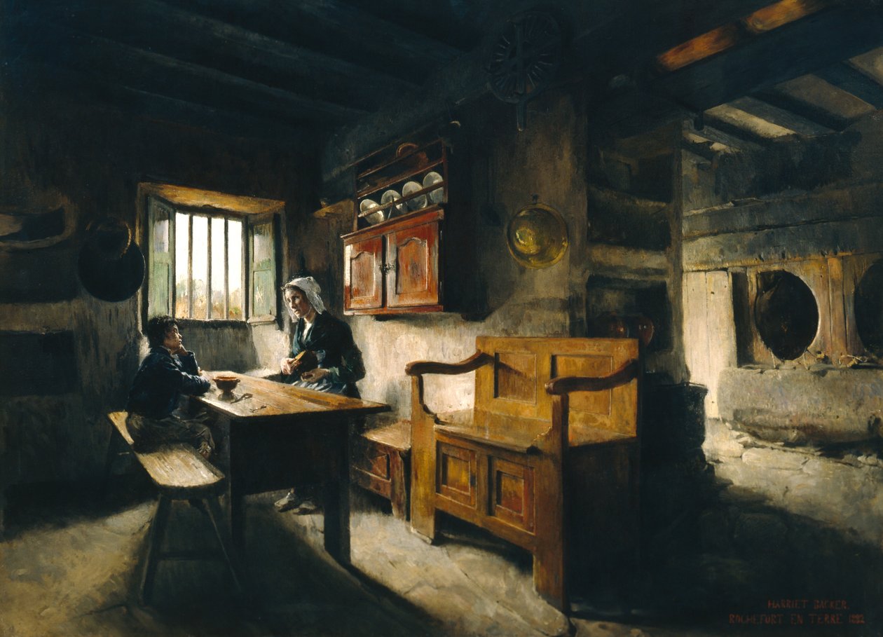 Maatilan sisätilat Bretagne (öljy) tekijältä Harriet Backer